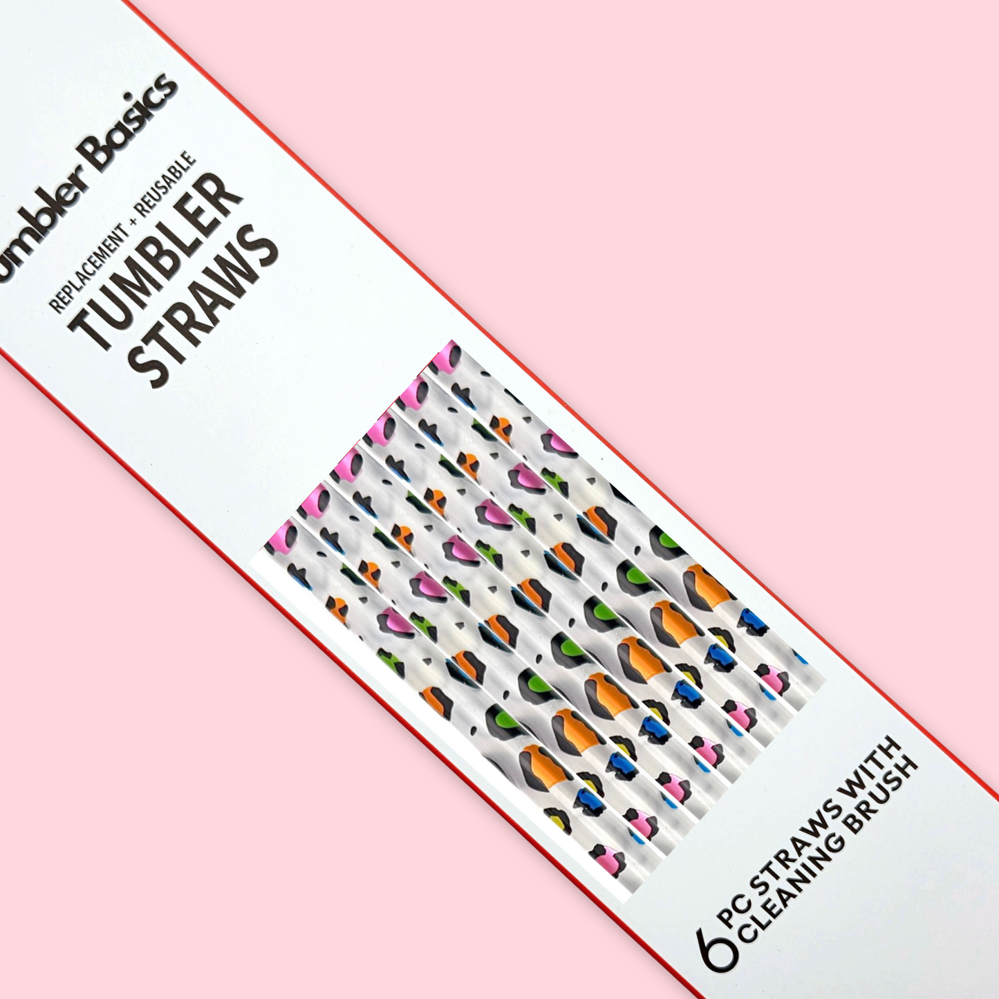 40oz Replacement Clear Straws 6 Pack Rainbow Leopard Print With Cleaning Brush