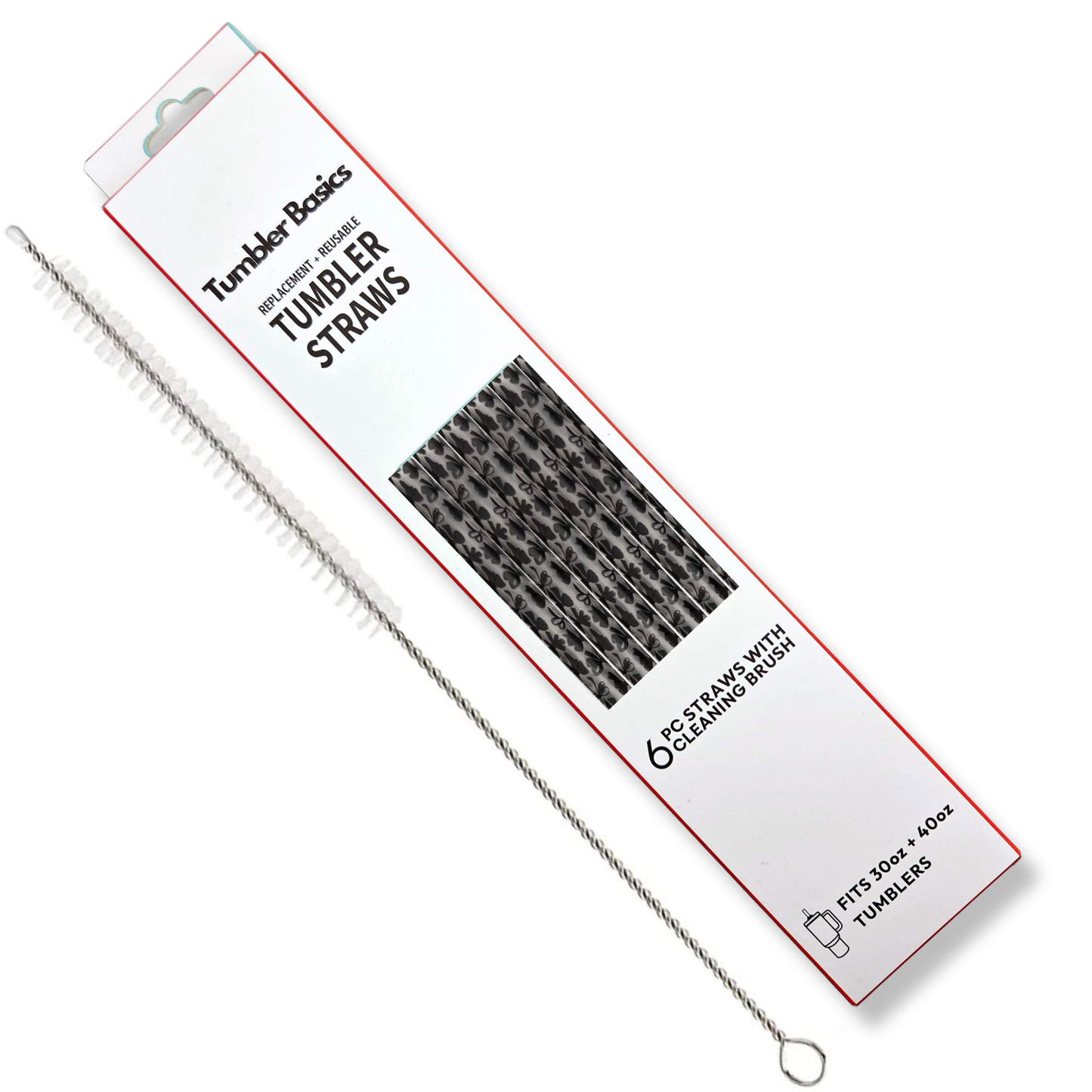 40oz Replacement Clear Straws 6 Pack Black Bows With Cleaning Brush