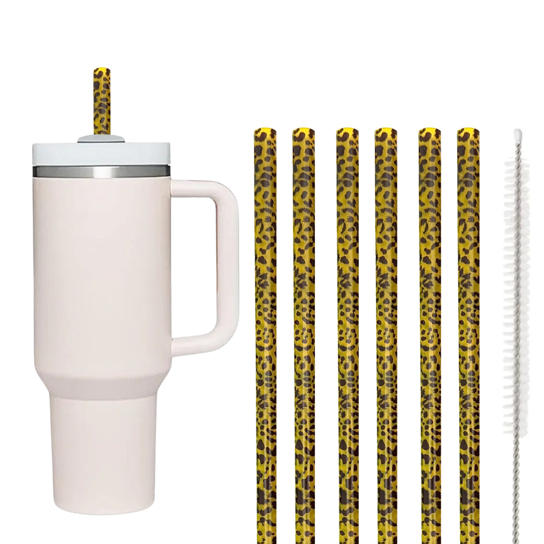 40oz Replacement Clear Straws 6 Pack Cheetah With Cleaning Brush
