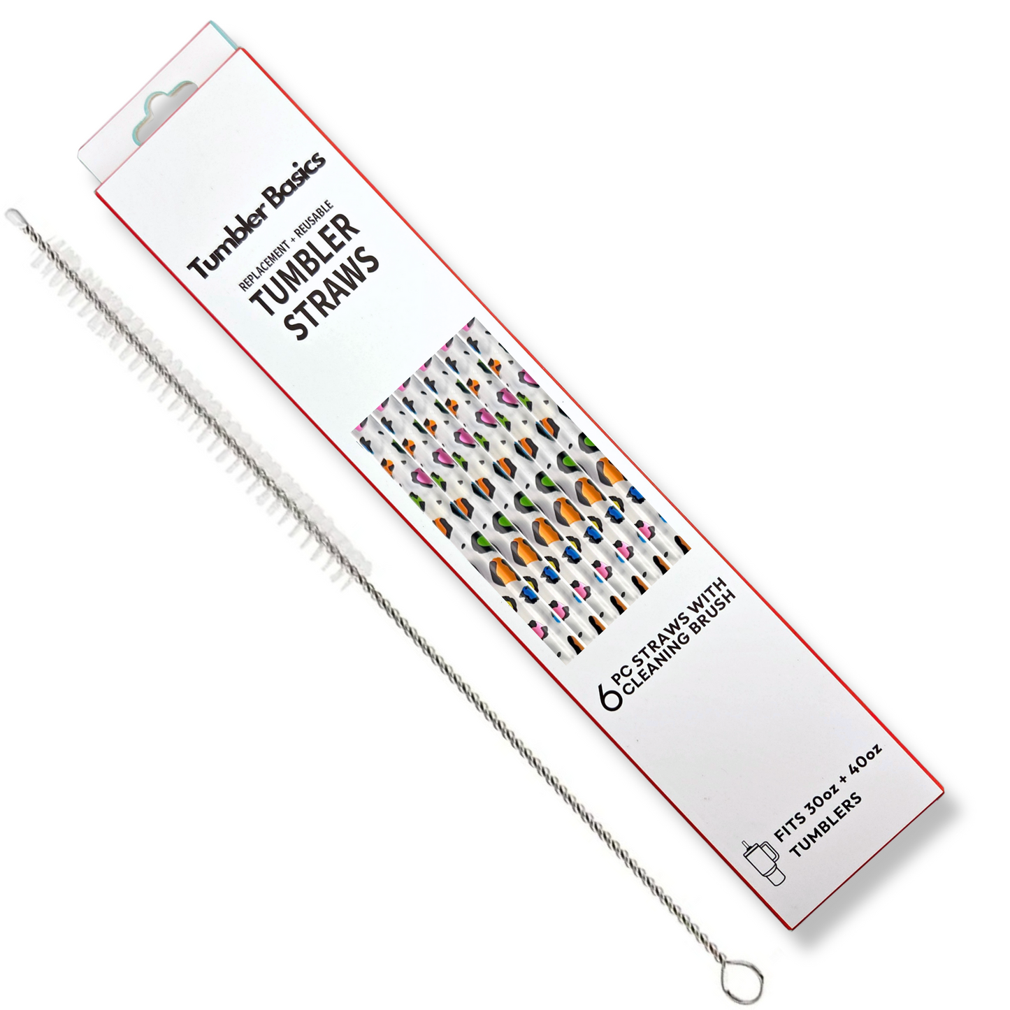 40oz Replacement Clear Straws 6 Pack Rainbow Leopard Print With Cleaning Brush