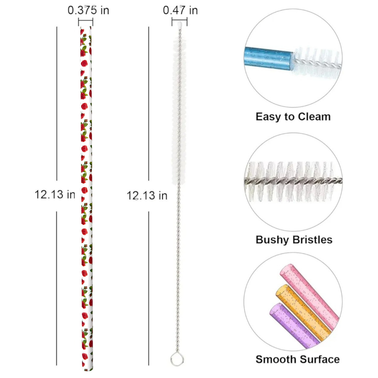40oz Replacement Clear Straws 6 Pack Roses With Cleaning Brush