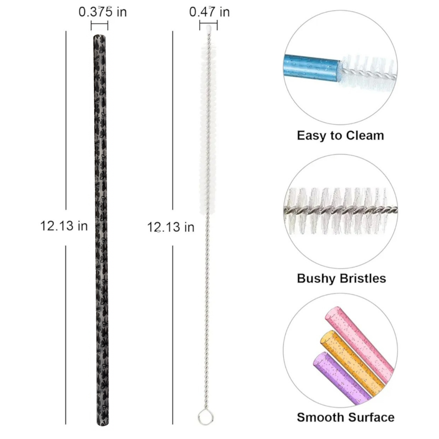 40oz Replacement Clear Straws 6 Pack Black Bows With Cleaning Brush