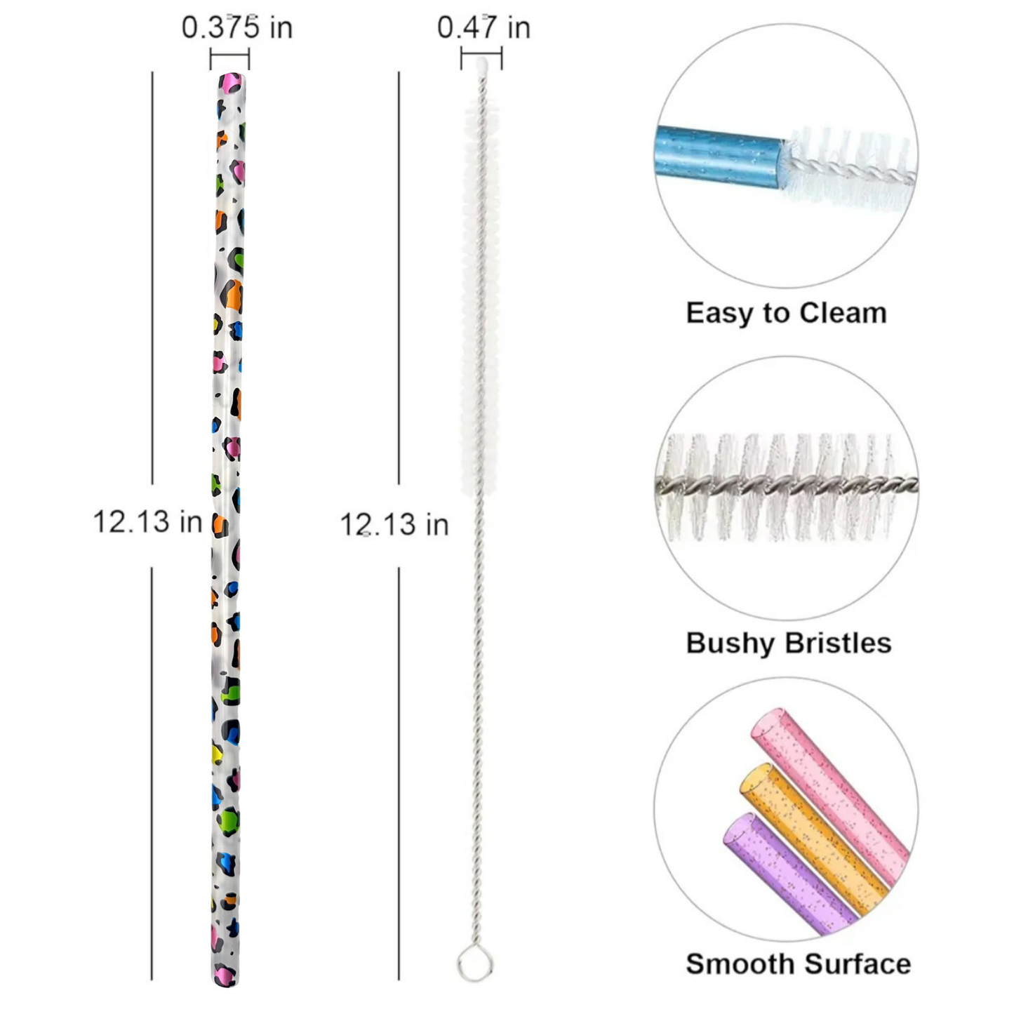 40oz Replacement Clear Straws 6 Pack Rainbow Leopard Print With Cleaning Brush