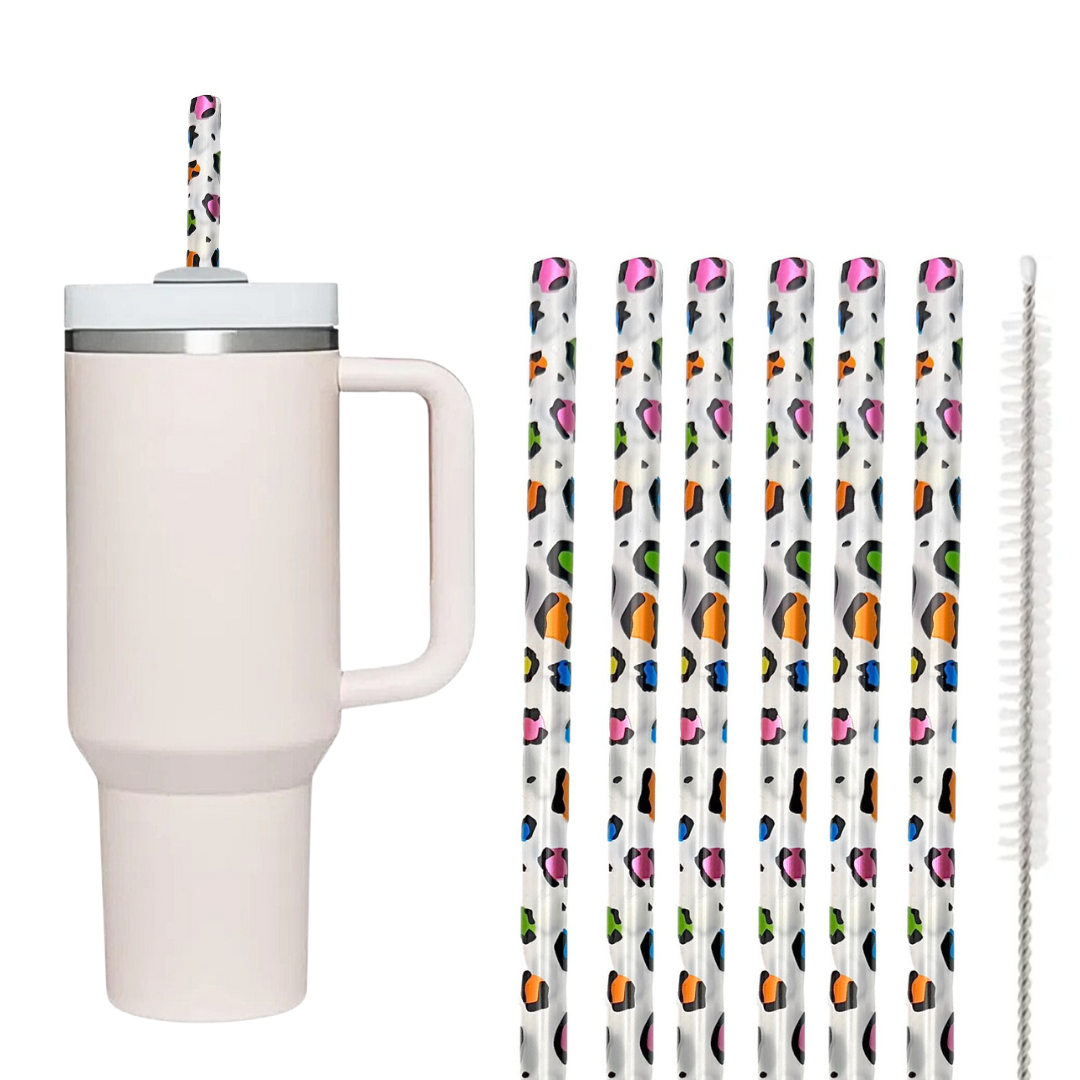 40oz Replacement Clear Straws 6 Pack Rainbow Leopard Print With Cleaning Brush
