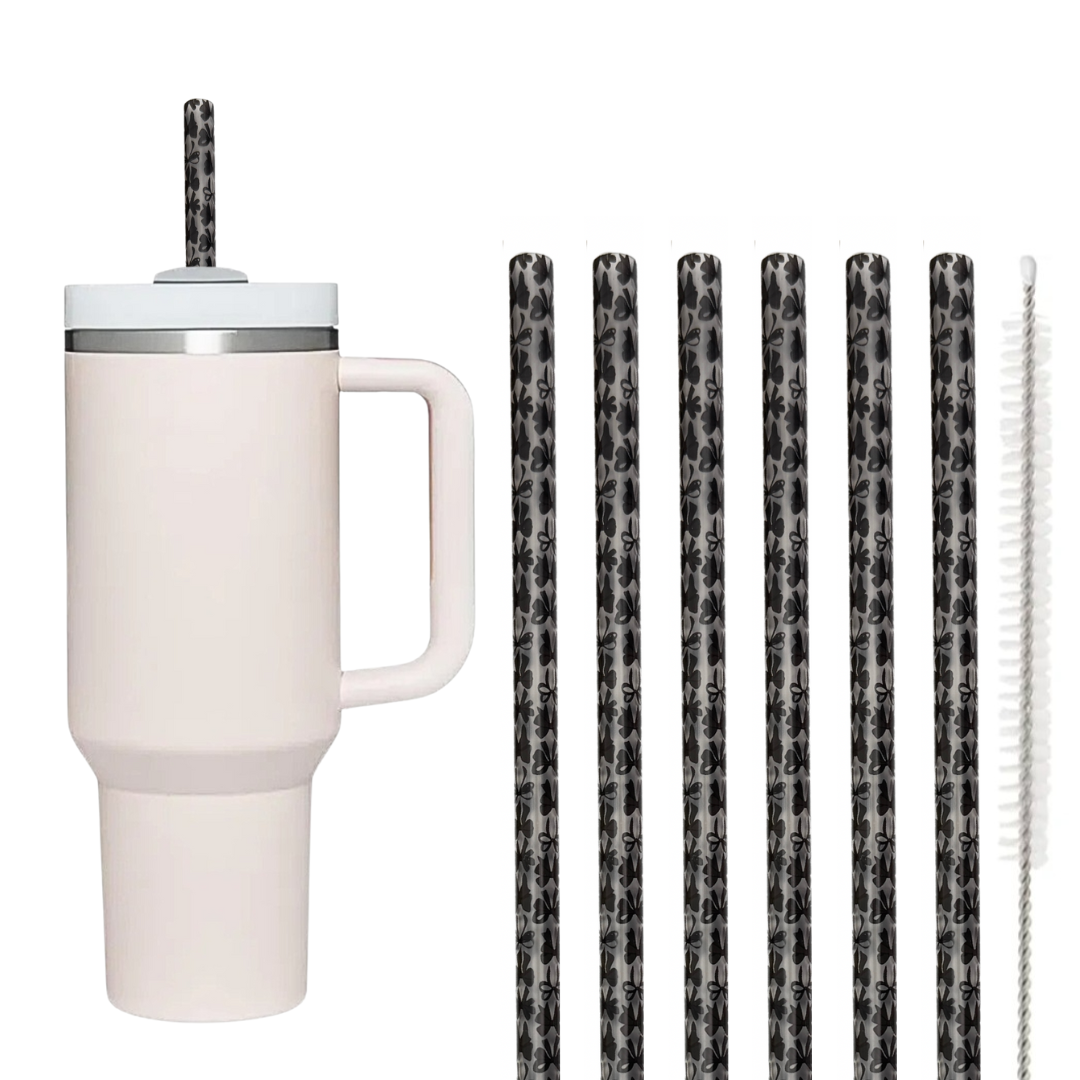 40oz Replacement Clear Straws 6 Pack Black Bows With Cleaning Brush