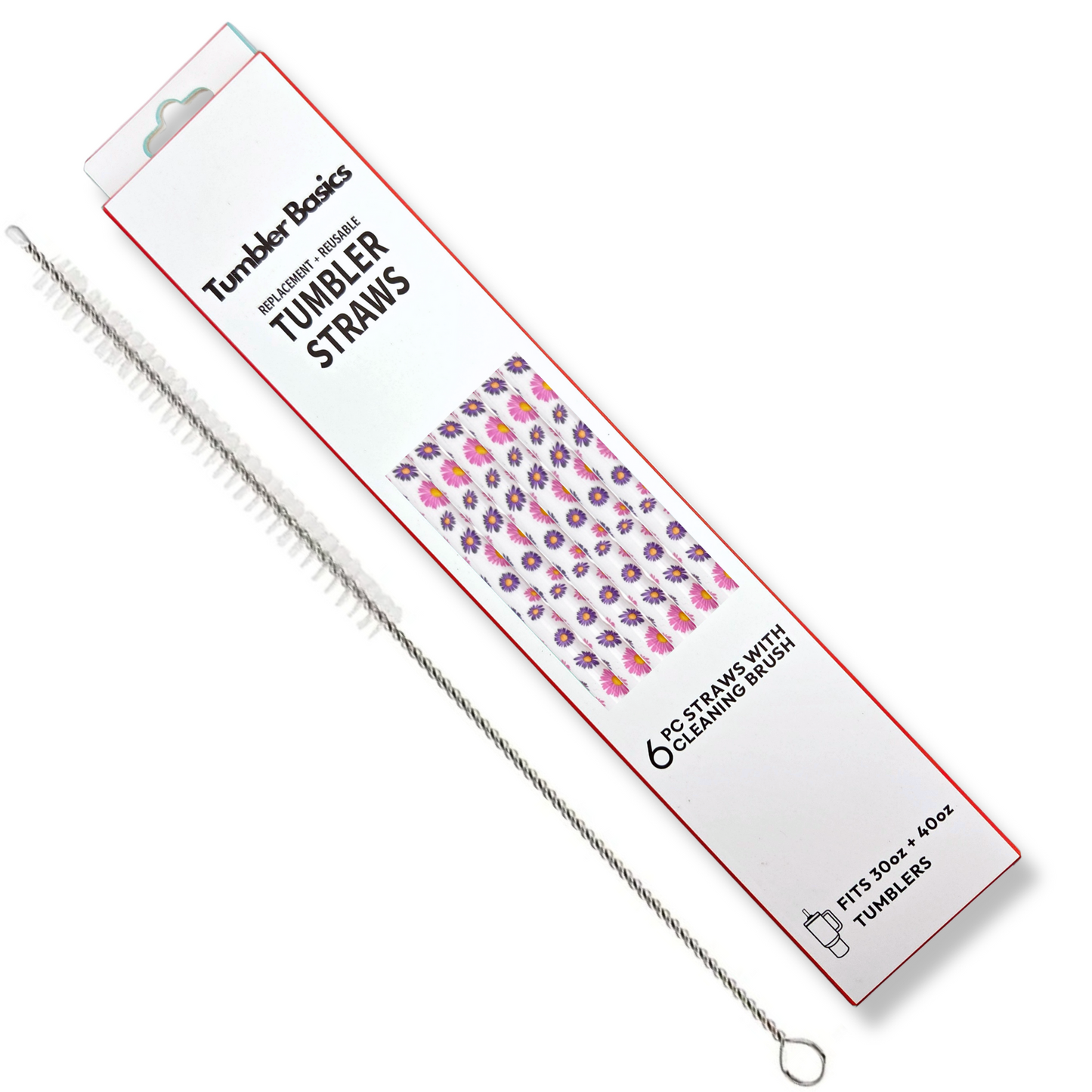40oz Replacement Straws 6 Pack Flowers With Cleaning Brush