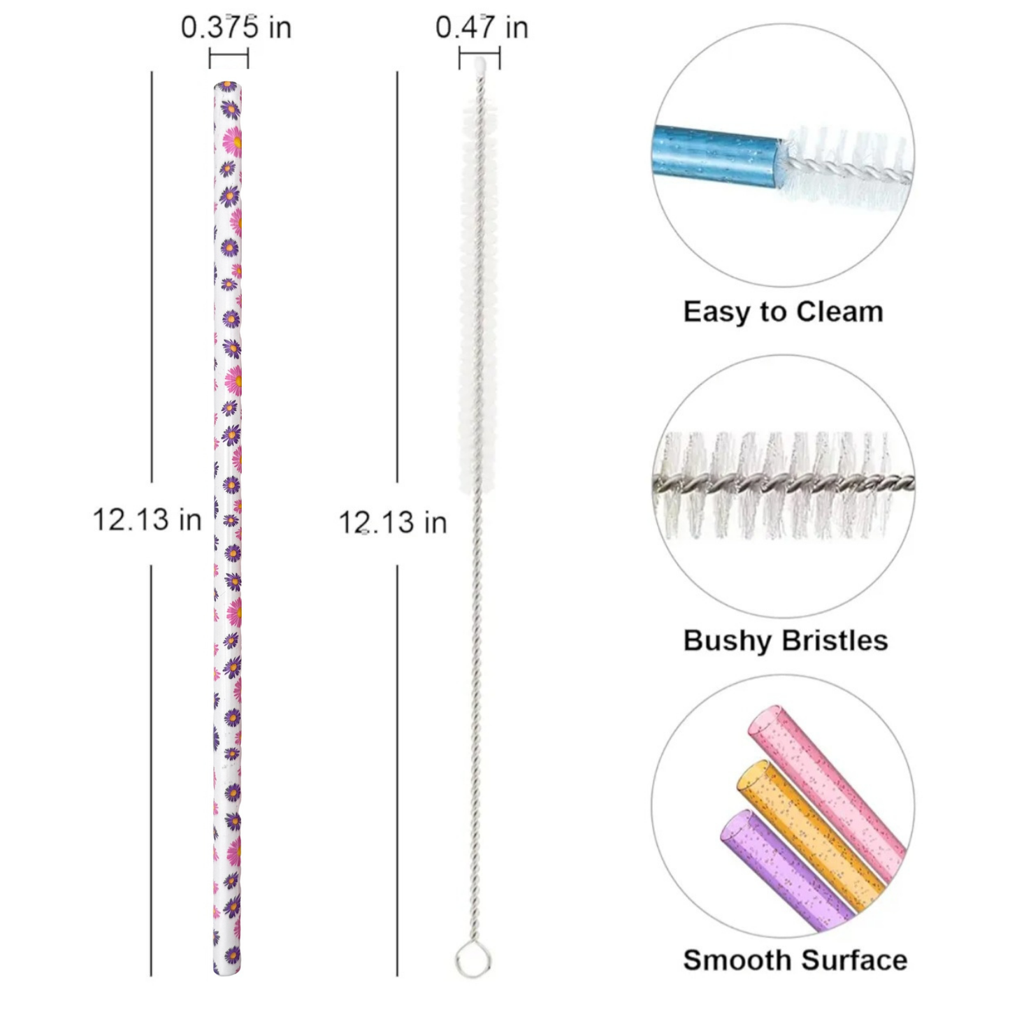 40oz Replacement Straws 6 Pack Flowers With Cleaning Brush