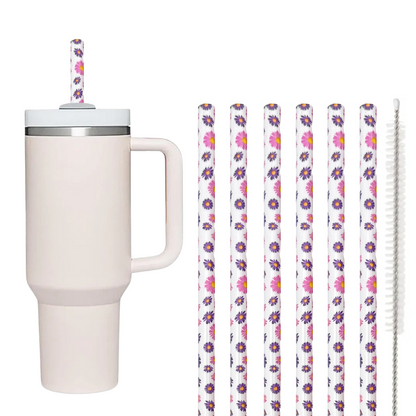 40oz Replacement Straws 6 Pack Flowers With Cleaning Brush