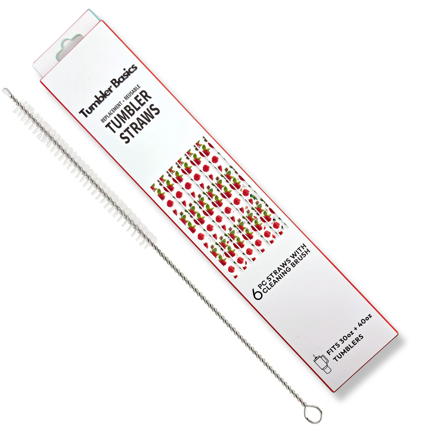 40oz Replacement Clear Straws 6 Pack Roses With Cleaning Brush